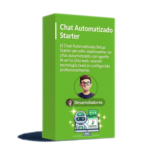 El Chat Automatizado Setup Starter permite implementar un chat automatizado con agente IA en tu sitio web, usando tecnología tawk.to configurada profesionalmente
