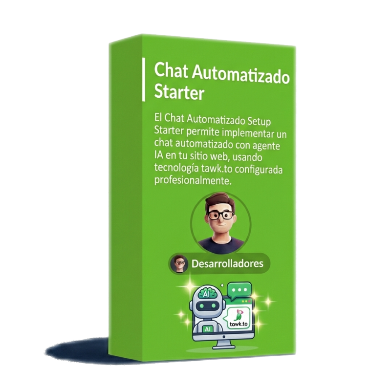 El Chat Automatizado Setup Starter permite implementar un chat automatizado con agente IA en tu sitio web, usando tecnología tawk.to configurada profesionalmente